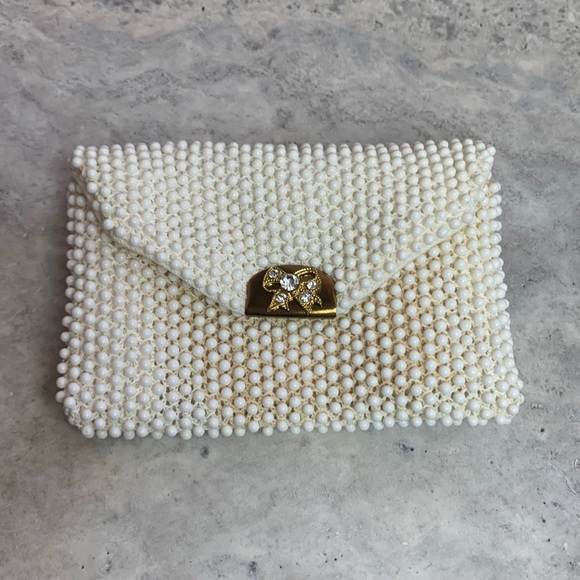 Handbags - Vintage Beaded Coin Purse 1960’s White with Rhinestones Bow Snap Closure…